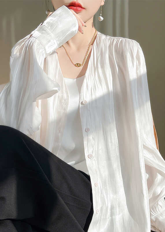 Simple White Button Silk Shirts Fall