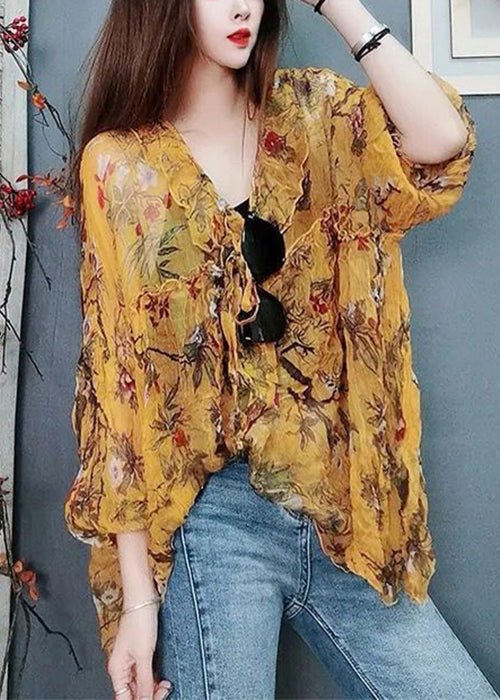 Green Print Lace Up Thin Chiffon Blouses Summer