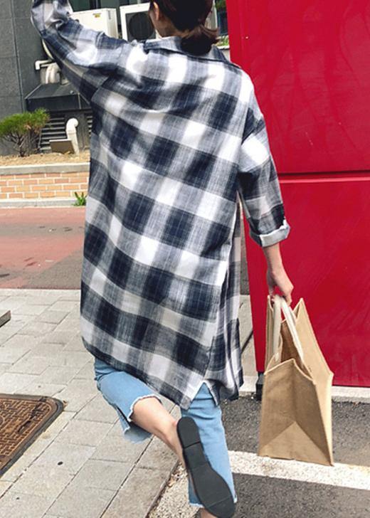 Lapel Pockets Linen Cotton Tops Plaid Baggy Shirt