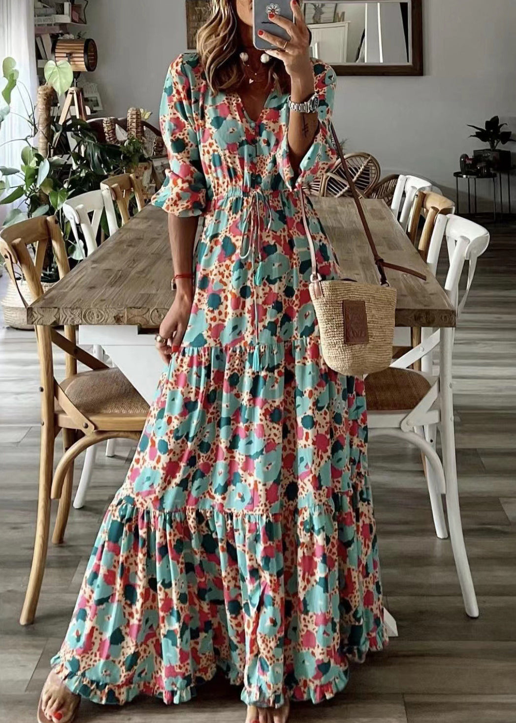 Loose Orange Ruffled Print Patchwork Cotton Long Dress Summer