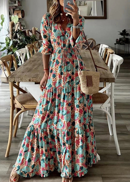 Loose Orange Ruffled Print Patchwork Cotton Long Dress Summer