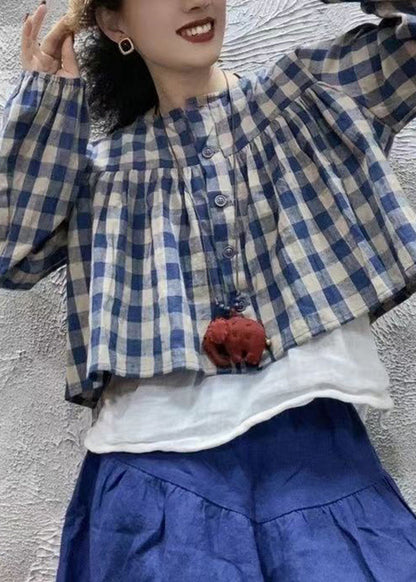 Blue O Neck Plaid Cotton Shirt Top Long Sleeve