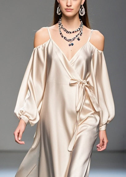 Champagne Cold Shoulder Tie Waist Silk Maxi Dresses Fall