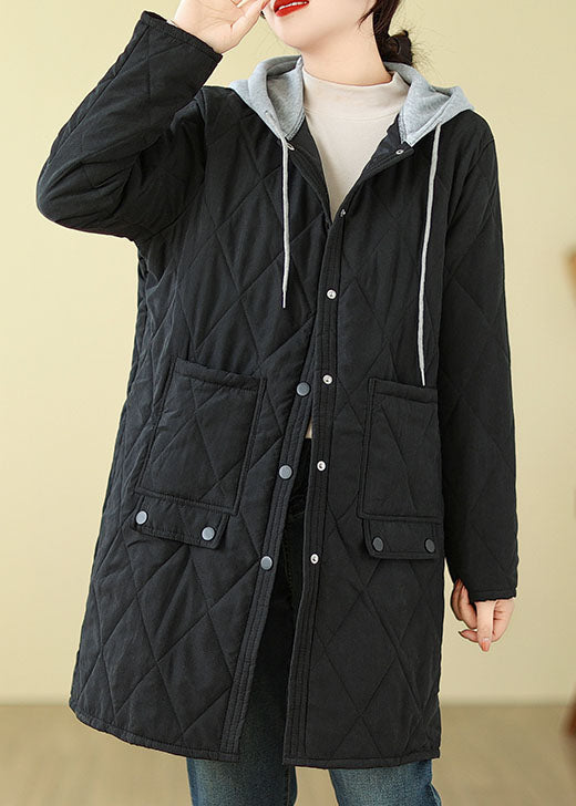 Black Pockets Fine Cotton Filled Hooded Coat Winter
