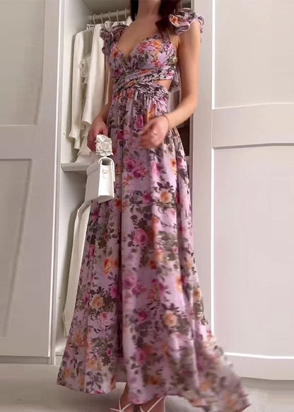 Purple Ruffled Print Hollow Out Chiffon Long Dress Summer