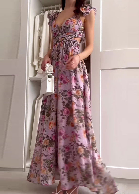 Purple Ruffled Print Hollow Out Chiffon Long Dress Summer