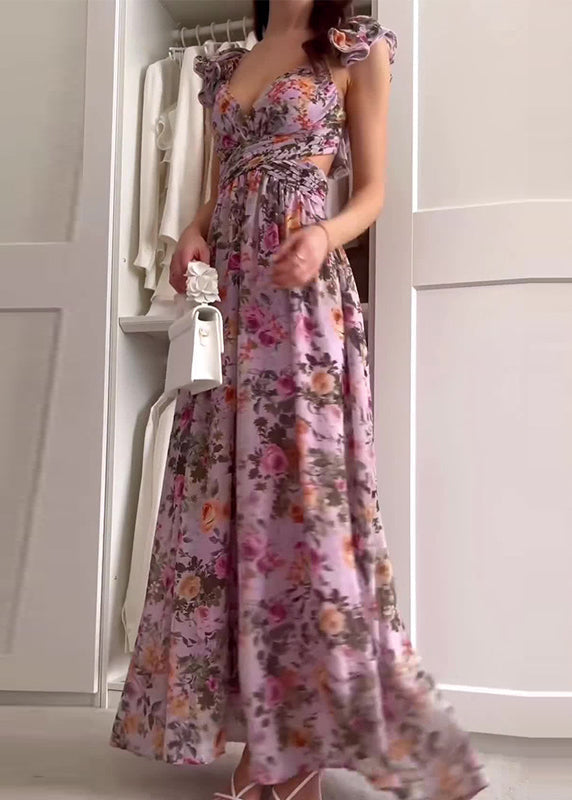Purple Ruffled Print Hollow Out Chiffon Long Dress Summer