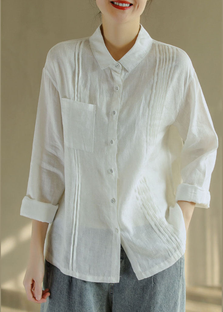French White Wrinkled Peter Pan Collar Linen Blouse Top Long Sleeve