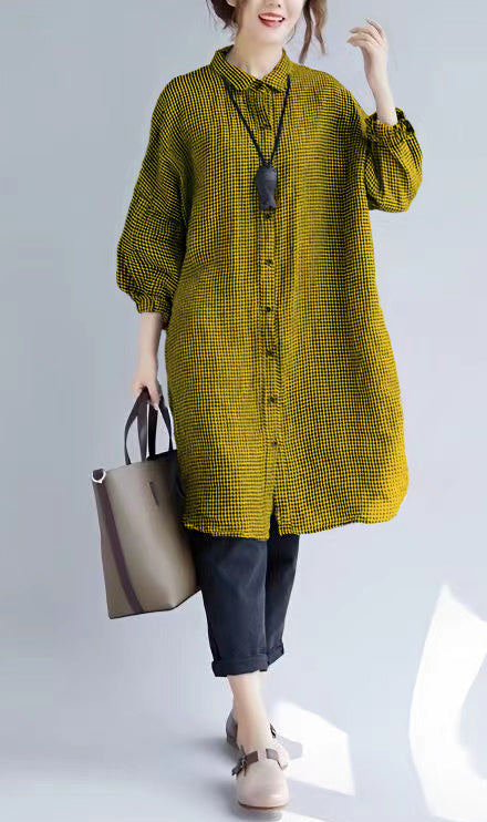 Stylish Black Plaid Cozy Cotton T Shirt Oversize Turn-down Collar Cotton Blouses Fine Long Sleeve Tops