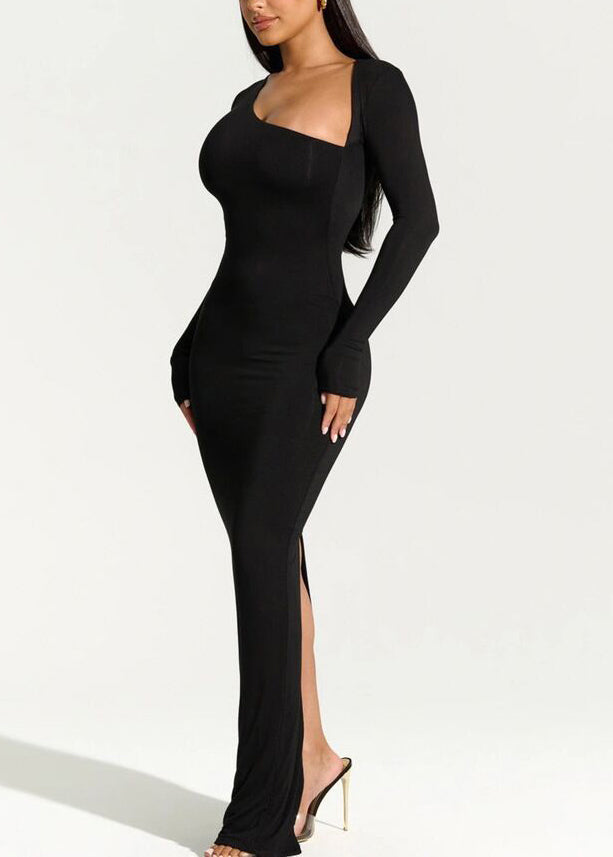 Italian Black Slash Neck Slim Fit Cotton Long Dress Spring