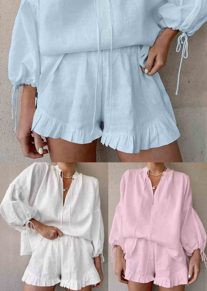 Light Blue Cotton Shirts and Shorts Two Piece Suit Lace Up Summer