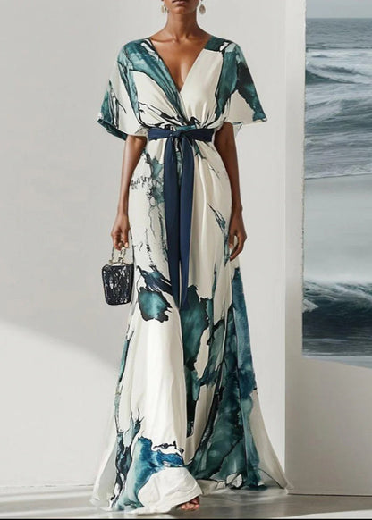 Classy V Neck Print Tie Waist Chiffon Dress Summer