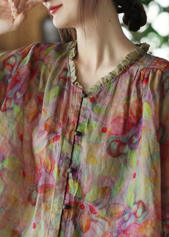 Pink V Neck Ruffled Print Linen Blouse Top Half Sleeve