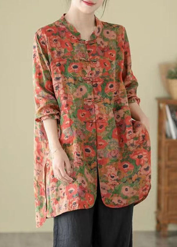 Stand Collar Chinese Button Print Linen Shirts Coat Long Sleeve