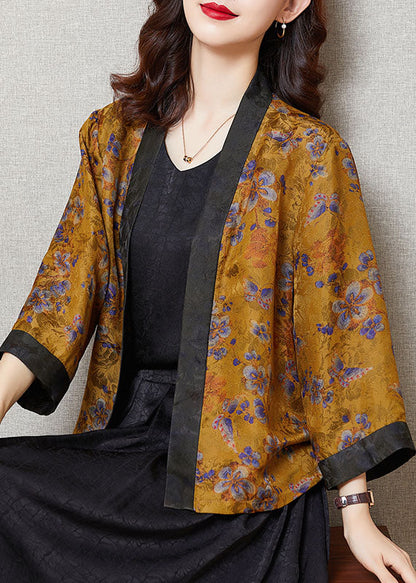 Yellow Print Patchwork Silk Loose Cardigans Bracelet Sleeve