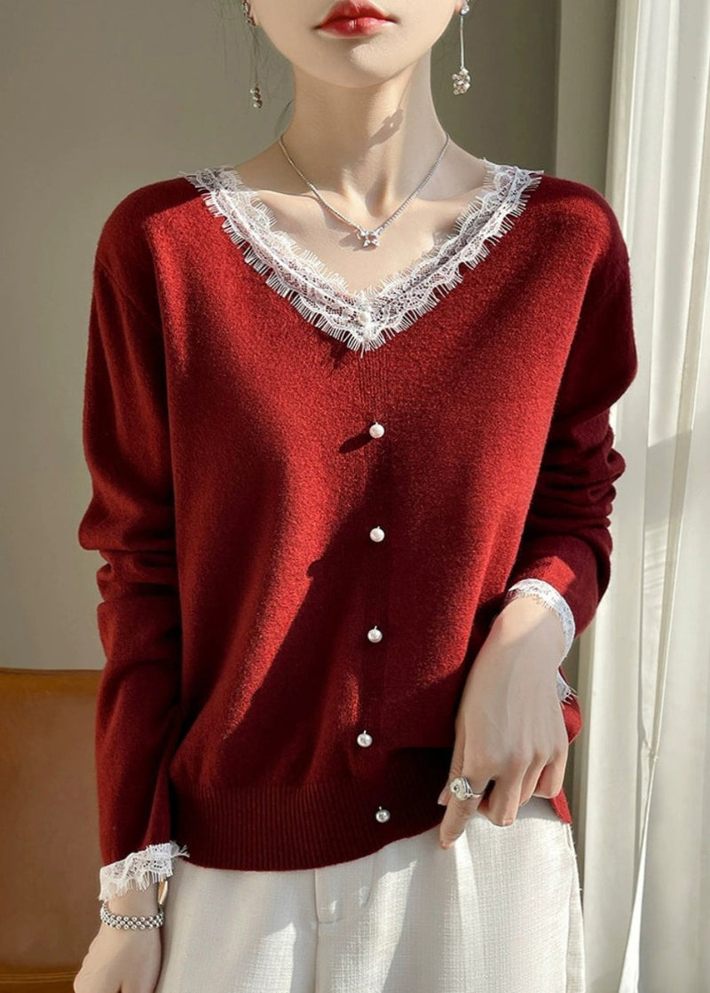 French White O-neck Lace Patchwork Cotton Knit Sweater Fall