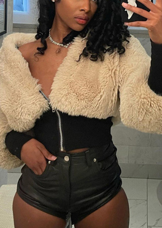 Apricot Zip Up Patchwork Faux Fur Jacket Fall