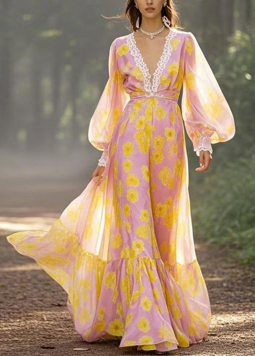 Yellow V Neck Print Chiffon Maxi Dresses Spring