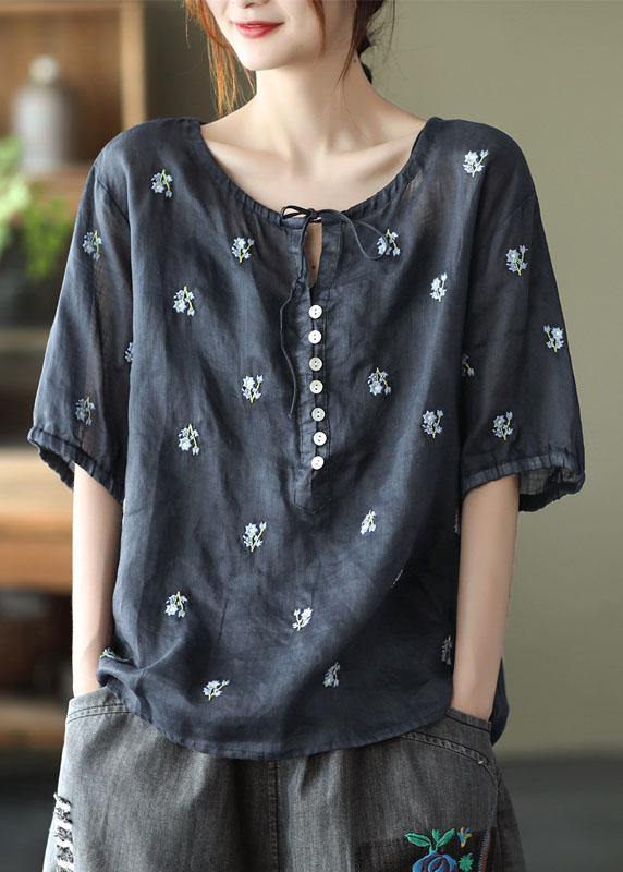 Simple White Embroidered O-neck Summer Ramie Tops Half Sleeve