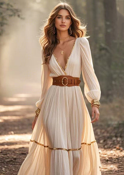 Beige Deep-v Neck Cinched Cotton Pleated Dresses Spring