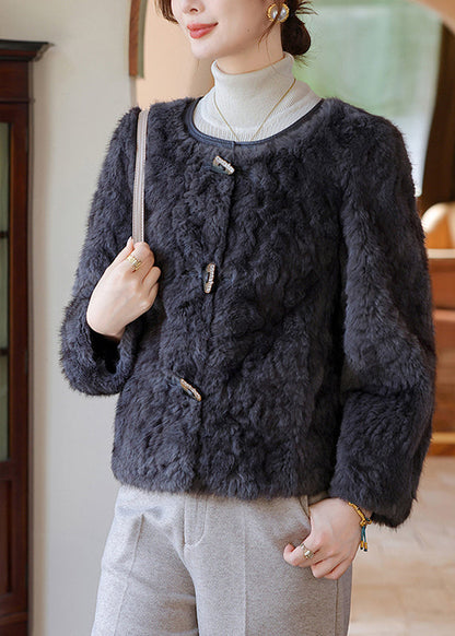 Dark Grey O-neck Thick Faux Fur Coat Winter