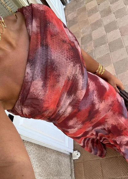 Stylish Red Cold Shoulder Print Tulle Long Dress Summer