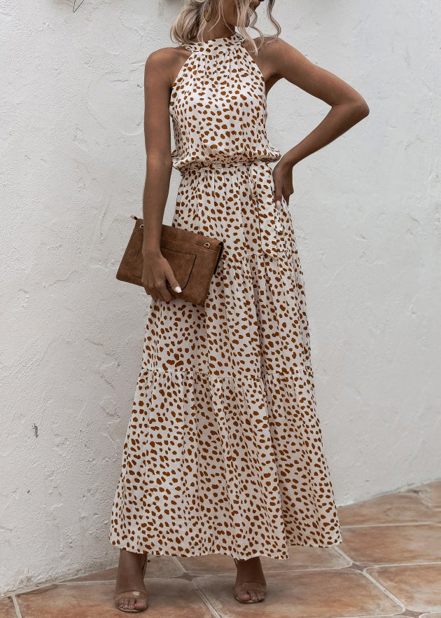 Green Halter Dot Print Patchwork Cotton Dresses Sleeveless