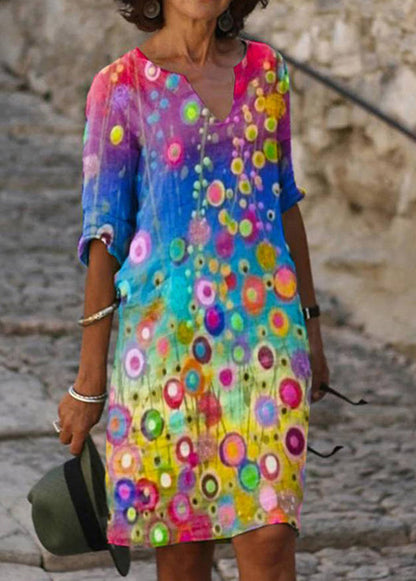 Black V Neck Print Loose Cotton Mid Dresses Summer