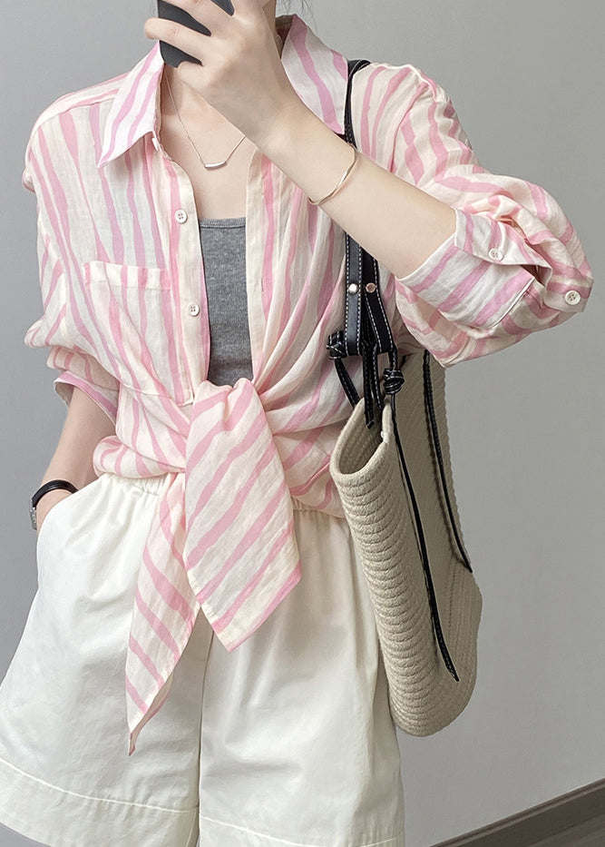 Pink Peter Pan Collar Striped Linen Shirt Tops Fall