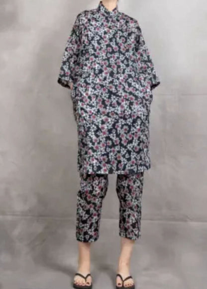 Chinese Style Black Print Tops and Pants Linen Two Pieces Set Summer
