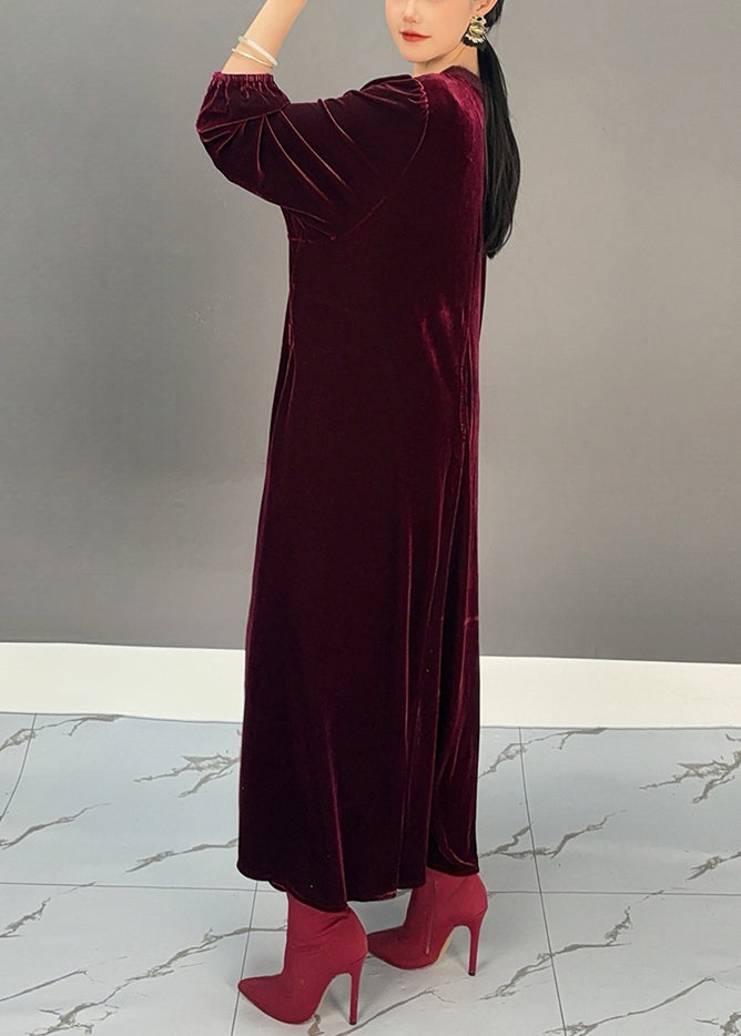 Loose Purple Red O Neck Silk Velvet Maxi Dress Fall