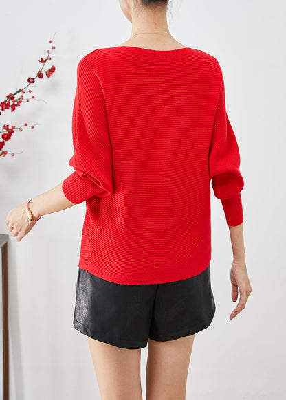 Red Slash Neck Knit Sweater Tops Batwing Sleeve
