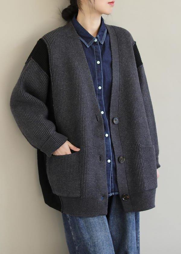 For Spring Gray Knitted Pullover V Neck Button Downfall Spring Knit Ssweat Tops