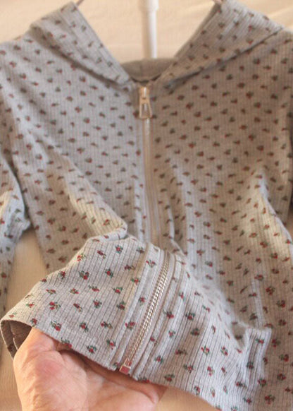 Unique Grey Zip Up Print Long Sleeve Yoga Coat Tops