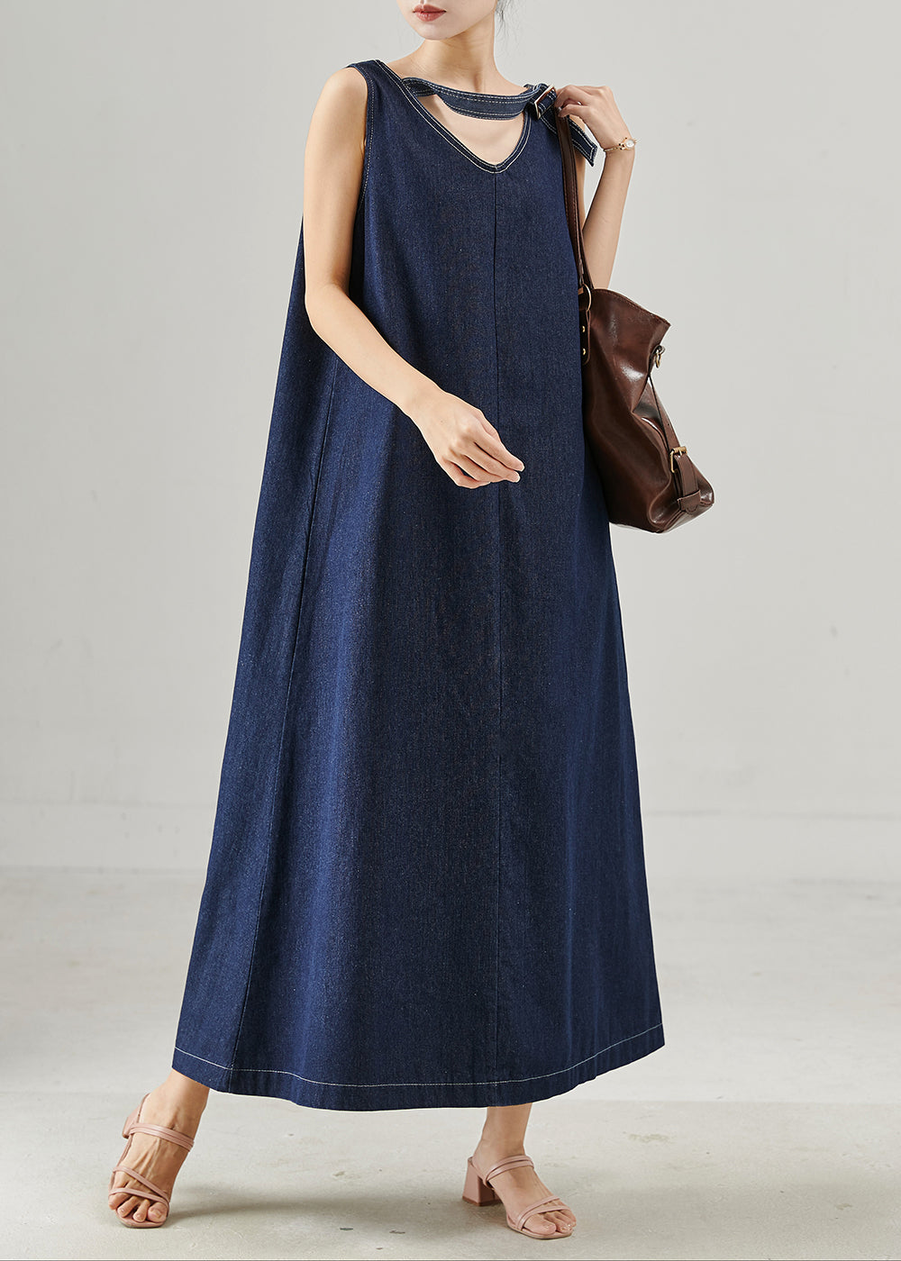 Natural Navy Oversized Denim a Line Dresses Sleeveless