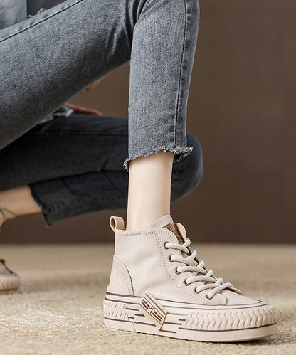Beige Platform Soled Cowhide Lace Up High Top Board Shoes