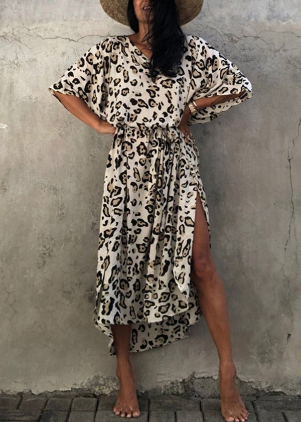 Loose Leopard V Neck Print Side Open Cotton Long Dress Summer