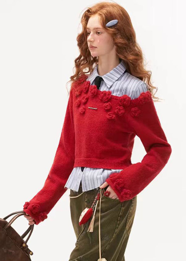 Stylish Red Rose Cotton Knit Sweater Tops Winter
