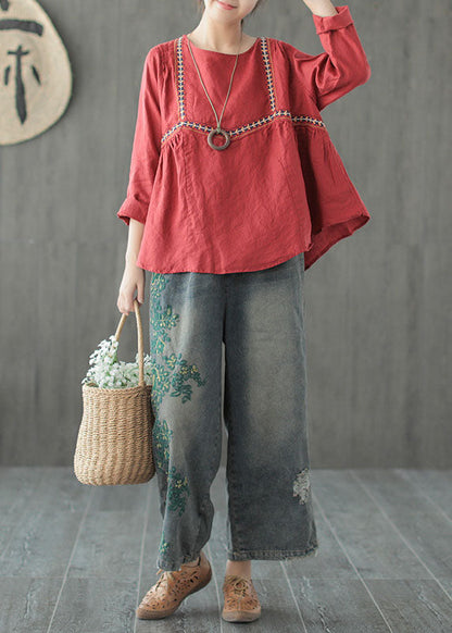 Blue Embroidered Cotton Ripped Jeans Pants Fall