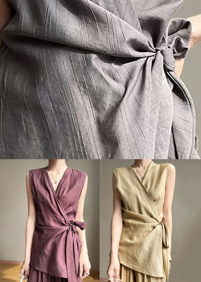 Purple Asymmetrical Lace Up Cotton Shirt Summer