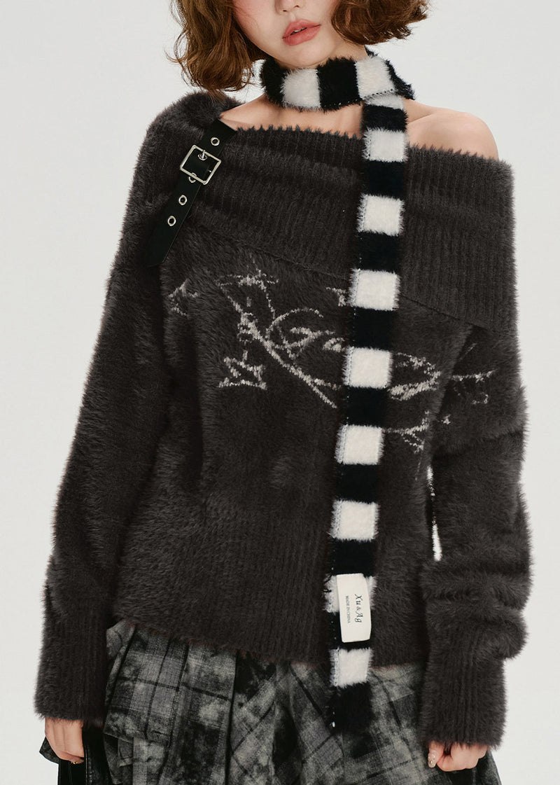 Chocolate Cold Shoulder Print Faux Mink Knit Pullover Winter