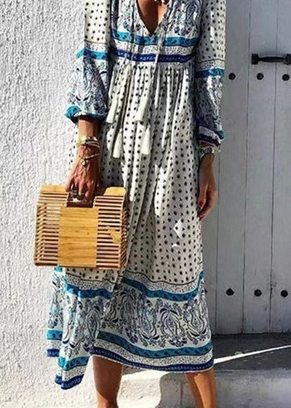 Red V Neck Print Lace Up Cotton Long Dresses Spring