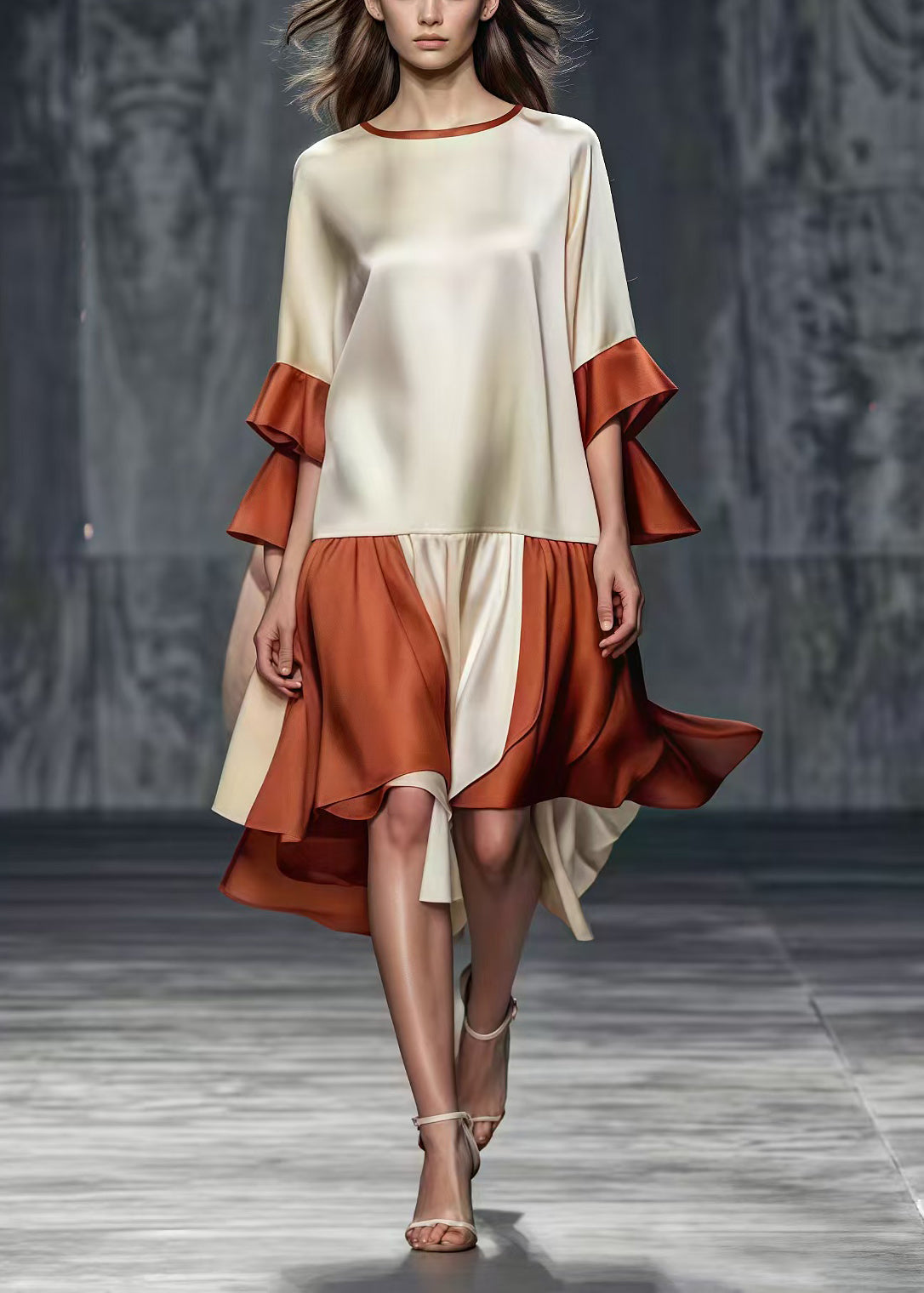 Champagne Oversized Patchwork Draping Silk Dresses Summer