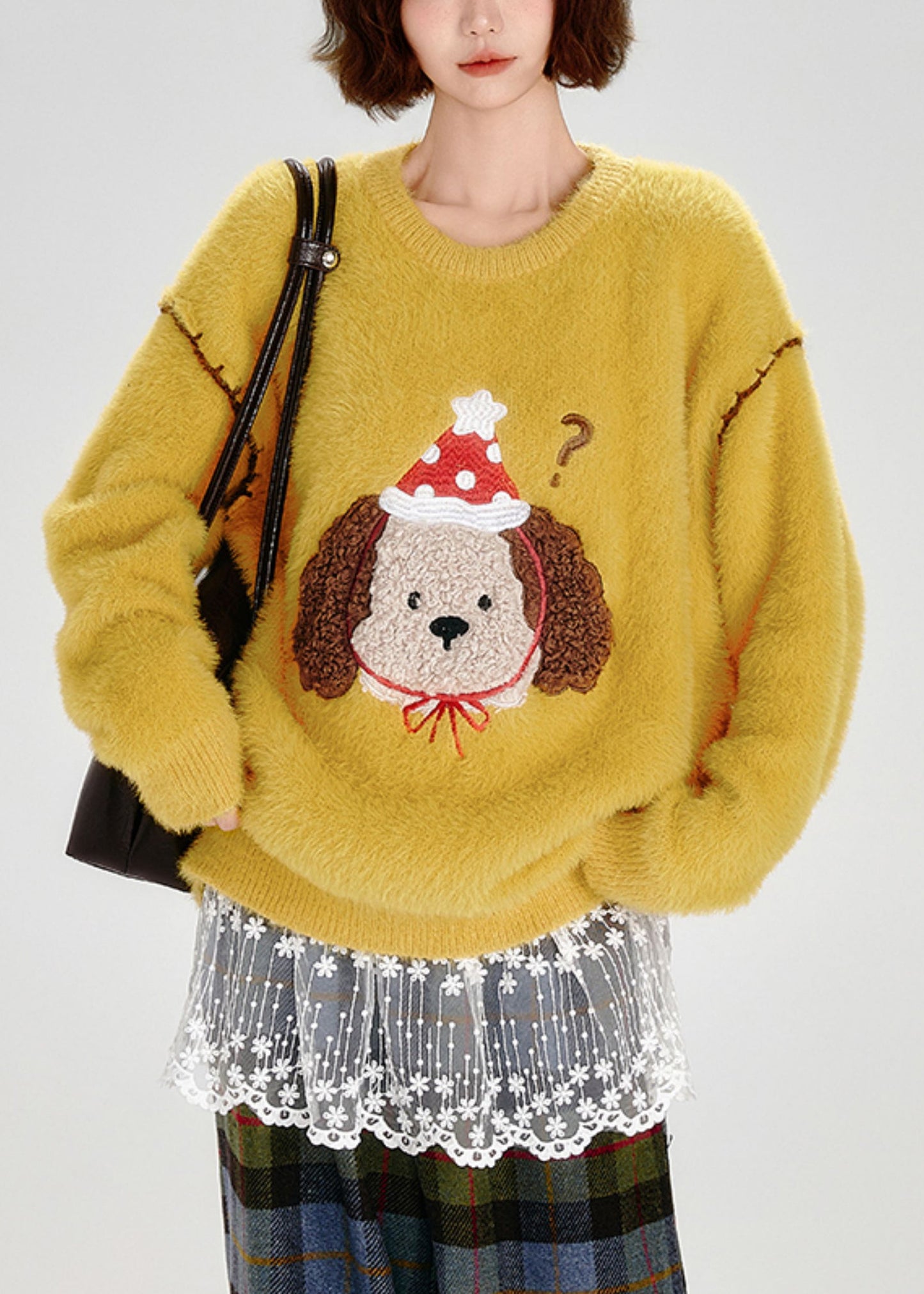 Yellow Embroidered Dog Warm Fuzzy Fur Fluffy Knit Pullover Winter