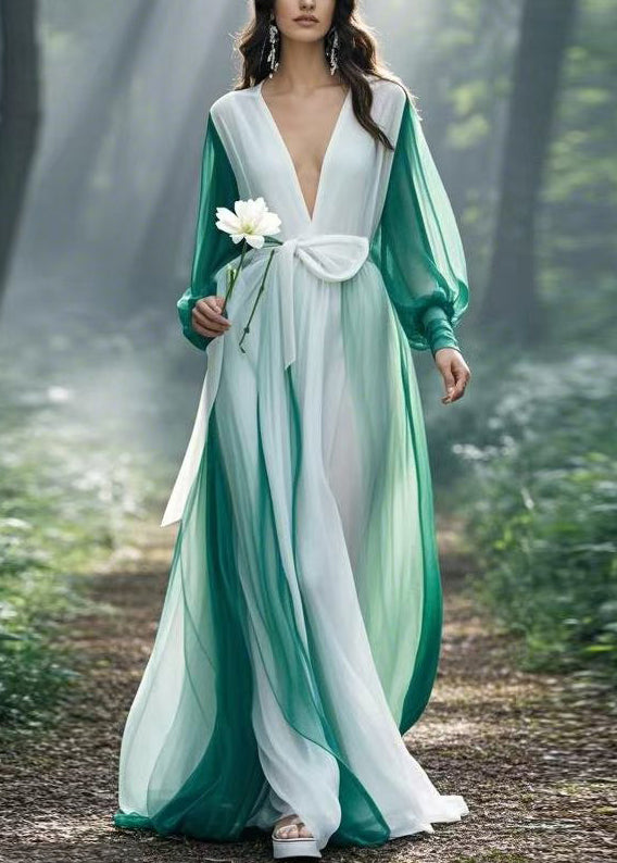 Colorblock V Neck Tie Waist Chiffon Maxi Dresses Spring