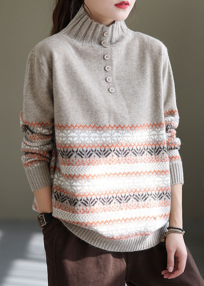 Light Grey Oversized Print Thick Knit Sweater Spring