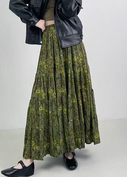 Green Print Wrinkled Elastic Waist Cotton Skirts Spring