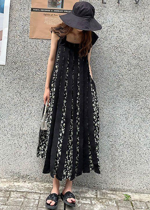 Black Print Wrinkled Patchwork Cotton Dresses Summer