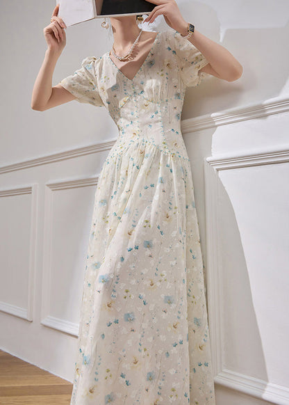 White V Neck Patchwork Chiffon Long Dress Short Sleeve