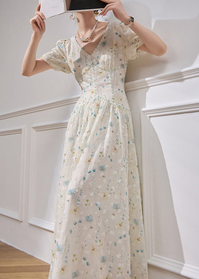 White V Neck Patchwork Chiffon Long Dress Short Sleeve